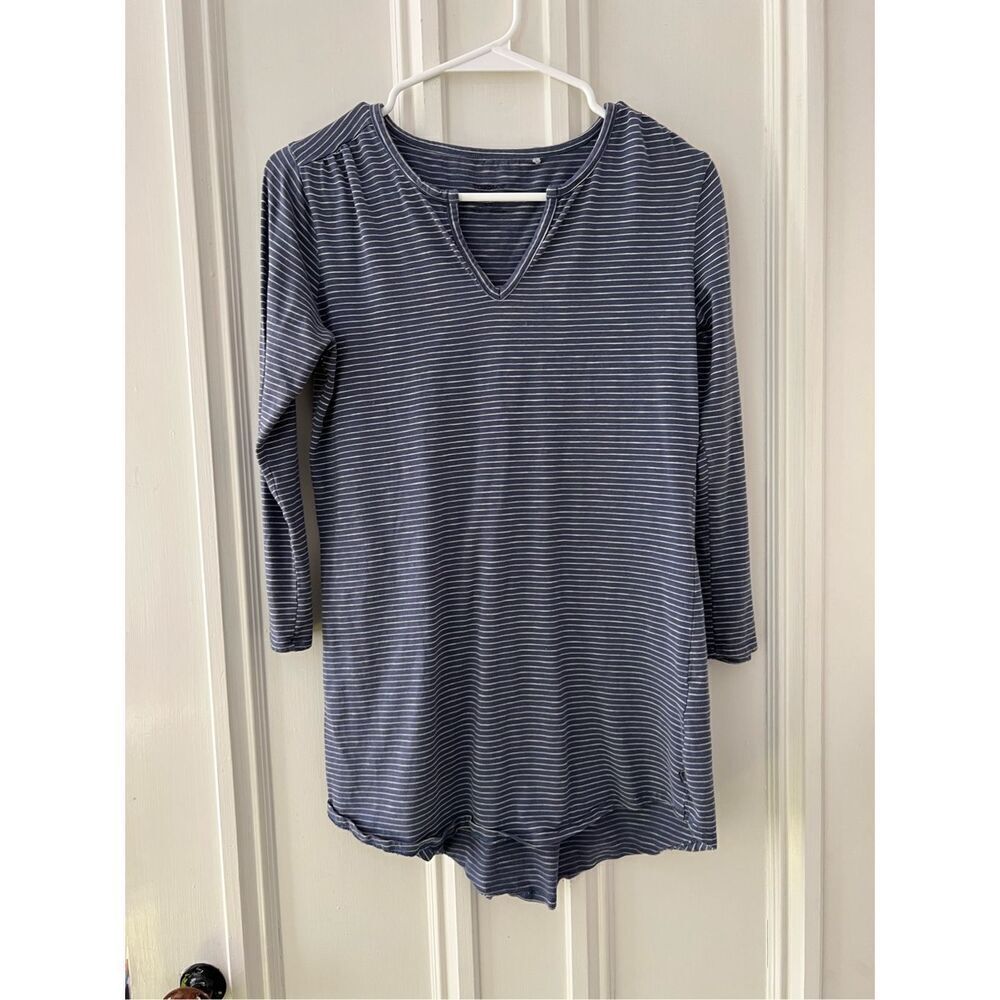 Toad & Co slate blue and gray striped long sleeve v-neck top/tunic S